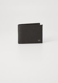 Portofel negru cu textură, de formă rectangulară, având un accent subtil cu logo și un model de suprafață granulat pentru un plus de detaliu.