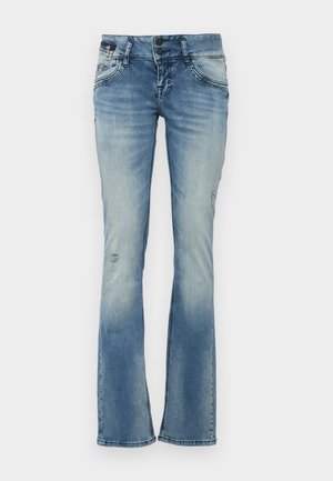 Ausgestellte blaue Jeans aus Denim mit einem verwaschenen Finish, ausgestattet mit Ausbleichungen, distressed Details und zwei vorderen Taschen mit gestickten Akzenten.