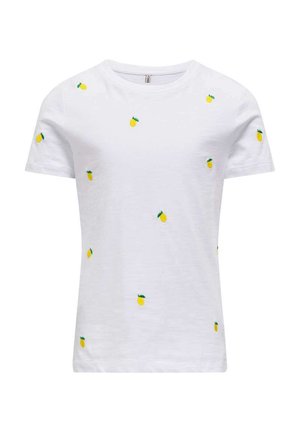 T-shirt en coton blanc avec des broderies de petits ananas jaunes éparpillés et des feuilles vertes, à manches courtes et à encolure ras du cou.