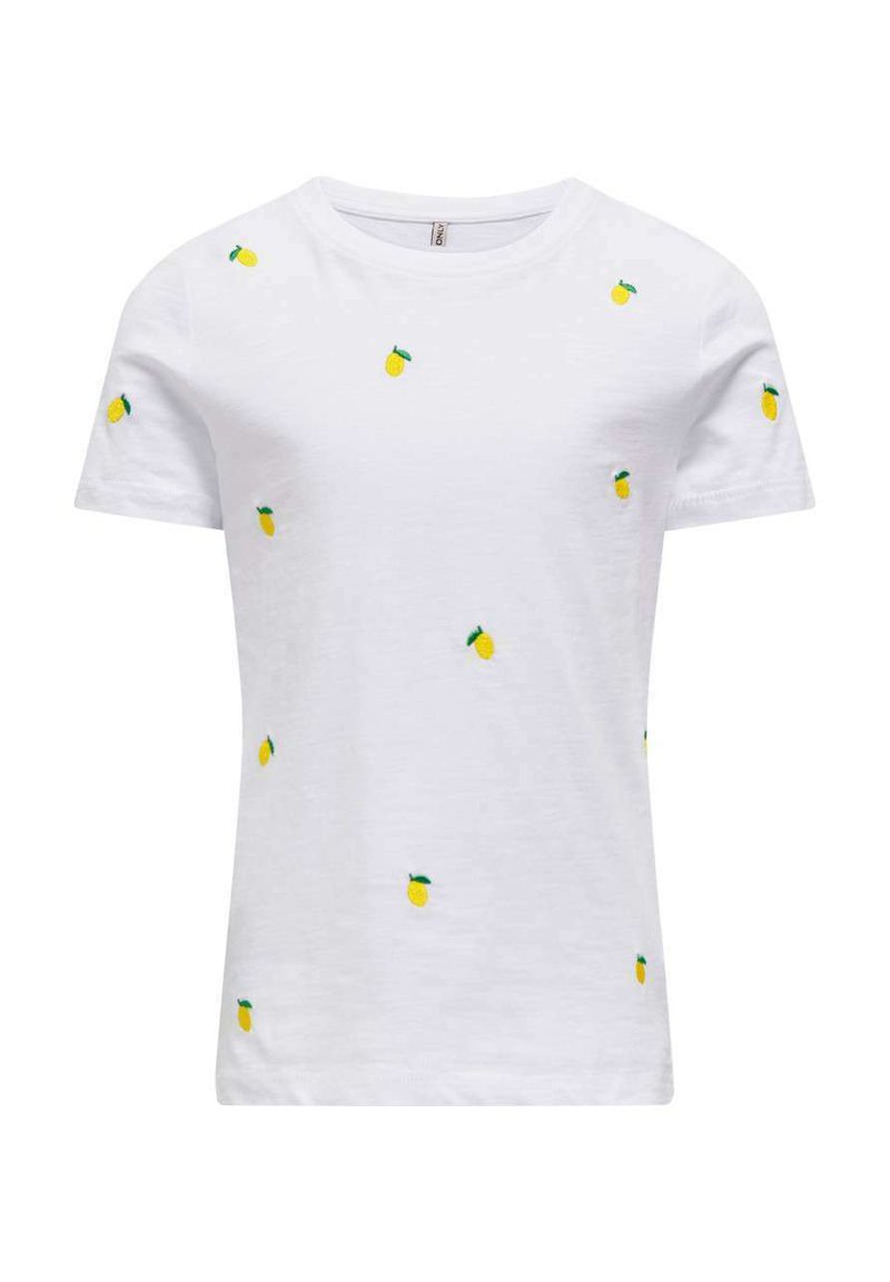 T-shirt en coton blanc avec des broderies de petits ananas jaunes éparpillés et des feuilles vertes, à manches courtes et à encolure ras du cou.