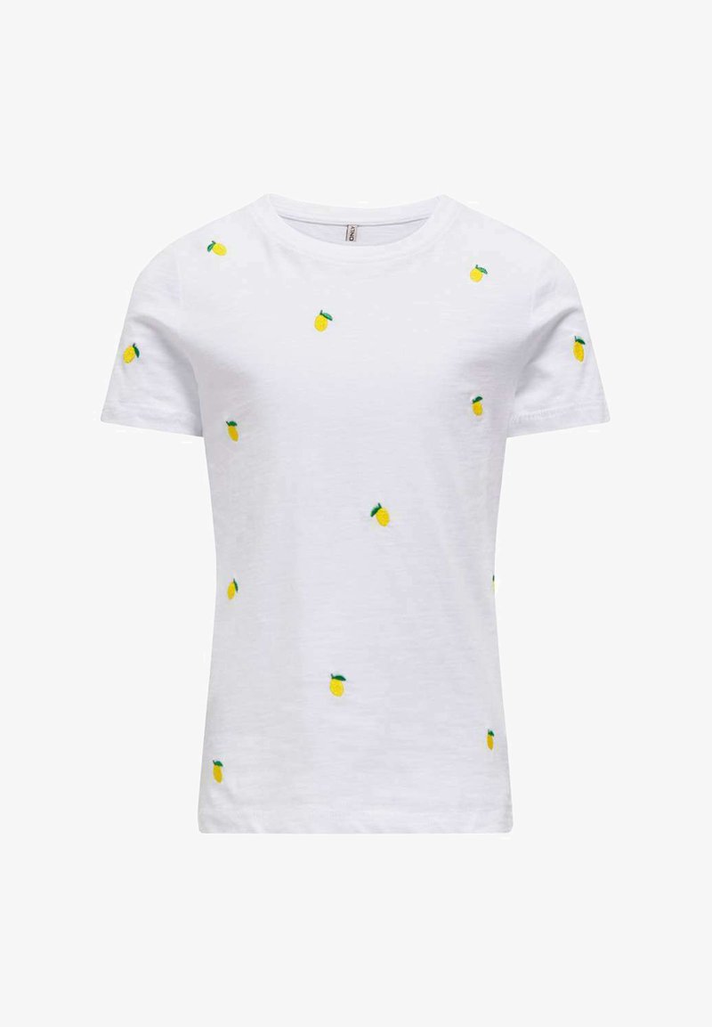 T-shirt en coton blanc avec des broderies de petits ananas jaunes éparpillés et des feuilles vertes, à manches courtes et à encolure ras du cou.