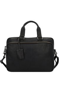 Schwarze Leder-Laptoptasche mit doppelten Griffen, silbernen Reißverschlüssen und einem abnehmbaren Anhänger. Glatte Textur mit einer strukturierten rechteckigen Form.