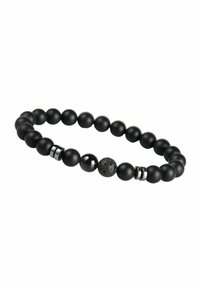 Schwarzes Perlenarmband mit mattschwarzen Perlen, glänzenden schwarzen Akzenten und einem strukturierten Lavastein, mit metallischen Ringen als dekorativen Details.