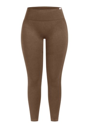 Leggings marroni a vita alta realizzati in un tessuto liscio e elasticizzato. Presentano un ampio elastico in vita e una silhouette aderente con dettagli a coste orizzontali.