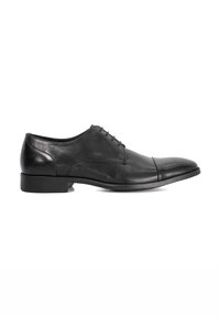 Black leather dress shoe with a rounded toe, sleek design, lace-up closure, and a low heel. Smooth texture with minimal accents.