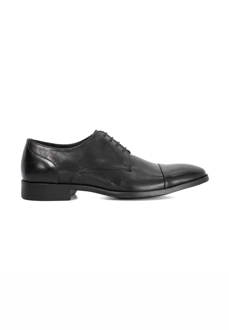 Black leather dress shoe with a rounded toe, sleek design, lace-up closure, and a low heel. Smooth texture with minimal accents.
