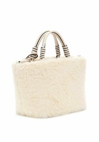 Borsa in finta pelliccia di colore crema, di forma rettangolare con due manici bianchi arrotondati caratterizzati da strisce nere e una superficie morbida e strutturata.