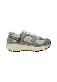 Scarpe sportive con tomaia grigia, dettagli beige, suola in gomma testurizzata e lacci bianchi. Presenta il logo sul lato e colletto imbottito.