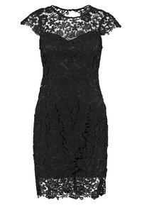 Robe noire en dentelle longueur genoux avec motifs floraux, manches courtes, encolure et ourlet en dentelle transparente.