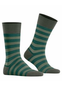 Grüne Socken mit dunkelgrünen und hellgrünen horizontalen Streifen. Hergestellt aus einem elastischen Material mit einem gerippten Bund und verstärkter Zehenpartie.