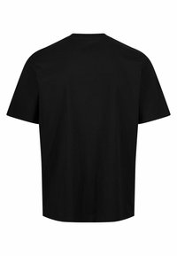 Sort kortærmet t-shirt set fra ryggen, lavet af bomuld, med en rund halsudskæring og en afslappet pasform. Glat tekstur, ingen mønstre eller grafik.