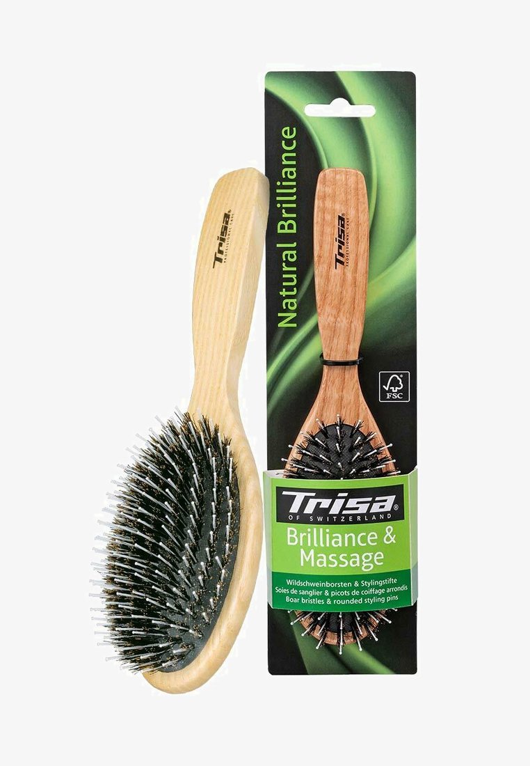 Holzbürste mit gebogenem Griff, ausgestattet mit schwarzen Wildschweinborsten und abgerundeten Stylingpins, verpackt mit grünen Markenelementen.