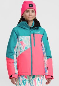 Kleurige skijas met een turkooise en roze ontwerp. Beschikt over een rits aan de voorkant, een capuchon en opvallende gestreepte accenten. Zachte textuur.