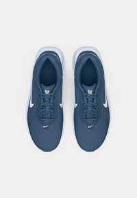 Paire de chaussures de course Nike bleues avec logos swoosh blancs, vues de dessus sur un fond blanc uni.