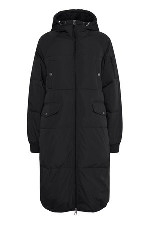 Abrigo largo acolchado negro con capucha, cierre frontal con cremallera, bolsillos laterales y puños acanalados. Textura suave; diseño minimalista.