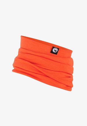 Bright orange fabric headband with a soft, stretchy texture. Features gathered design and a small black logo tag.