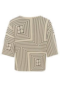 Beige top, millemustrite mustade geomeetriliste joontega ja ruudukujuliste aktsentidega. Laiad varrukad ja vabalt langev lõige. Tekstuuriga kangas.