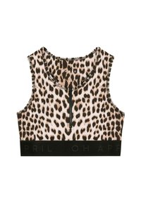Sport bra s uzorkom od leoparda s crnim remenom na dnu. Ima zatvaranje na zip ispred i okrugli izrez, izrađena je od mekanog materijala.