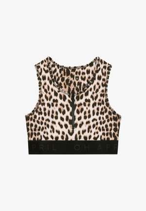 Sportbeha met luipaardprint en een zwarte band onderaan. Voorzien van een ritsluiting aan de voorkant en een ronde halslijn, gemaakt van zachte stof.