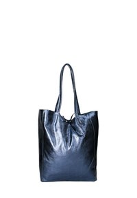 Borsa tote in pelle blu navy con texture liscia e lucida, dotata di due manici robusti e un design rilassato e non strutturato.