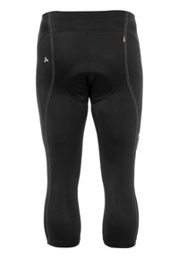 Collant da ciclismo neri con area seduta imbottita, caratterizzati da cuciture bianche a contrasto e una texture liscia e elastica. Lunghezza fino al polpaccio.