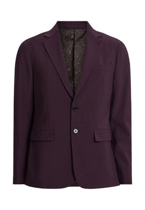 Dark purple blazer with two front pockets, single button closure, and a leopard print lining. Tailored design with a structured fit.