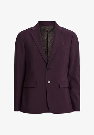 Dunkellila Blazer mit zwei vorderen Taschen, einem Einzelknopfverschluss und einem Futter mit Leopardenmuster. Maßgeschneiderte Passform mit strukturierter Silhouette.