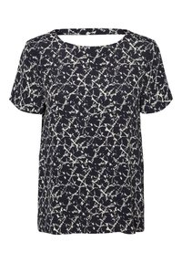 Blusa a maniche corte blu navy con motivo astratto di foglie bianche e scollatura rotonda.