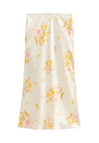 Bílá látková sukně s květinovým vzorem v jemně růžových a žlutých odstínech, s hladkou texturou a volným střihem.