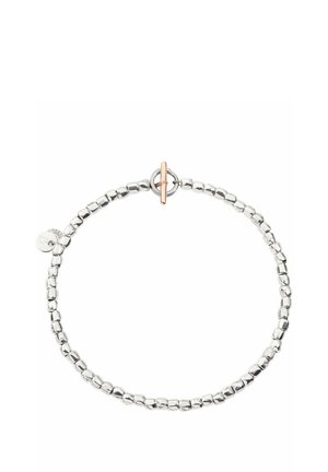 Silbernes Perlenarmband mit rundem Verschluss und roségoldener Toggle-Schließe, mit einem kleinen runden Anhänger nahe dem Verschluss.