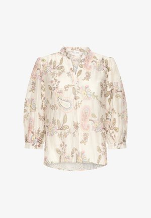 Helebeežheledast pluus 3/4 pikkuste paugutatud varrukatega ja lillelise paisley mustriga pastellroosa, sinise ja rohelise toonides, millel on lõhestatud V-kaelus ja väike püstkrae.