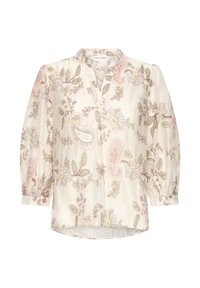 Vaaleanbeige pusero, jossa on 3/4-pituiset liehuttavat hihat ja kukallinen paisley-kuvio pastellinpunaisena, -sinisenä ja -vihreänä, varustettuna halkiolla varustetulla V-pääntiellä ja pienellä pystykauluksella.