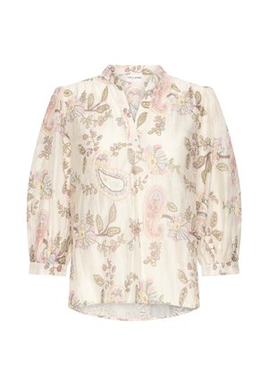 Helebeežheledast pluus 3/4 pikkuste paugutatud varrukatega ja lillelise paisley mustriga pastellroosa, sinise ja rohelise toonides, millel on lõhestatud V-kaelus ja väike püstkrae.