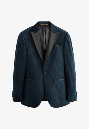 Dark blue velvet blazer with a patterned texture, black satin lapels, single button closure, and two front pockets. Notable pocket square included.