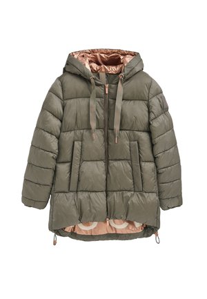 Giacca a sacco verde oliva con cappuccio, fodera bronzea lucida, cerniera frontale, due grandi tasche e coulisse regolabili all'orlo.