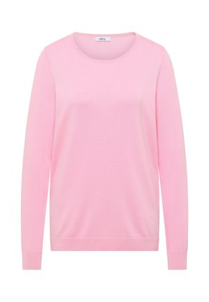 Lichtroze, lange mouwen trui met ronde hals, geribbelde manchetten en zoom, weergegeven op een witte achtergrond.