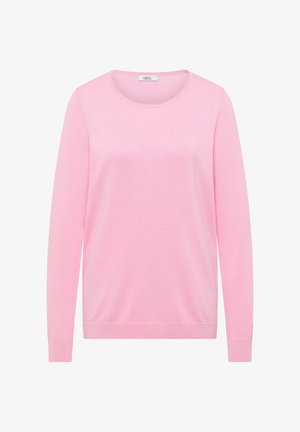 Lichtroze, lange mouwen trui met ronde hals, geribbelde manchetten en zoom, weergegeven op een witte achtergrond.