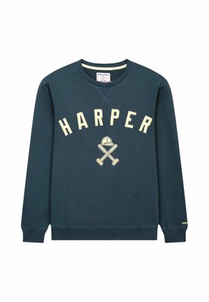 Sudadera azul marino con cuello redondo con el texto "HARPER" y un diseño de bates de béisbol cruzados bajo una gorra en beige en el frente.