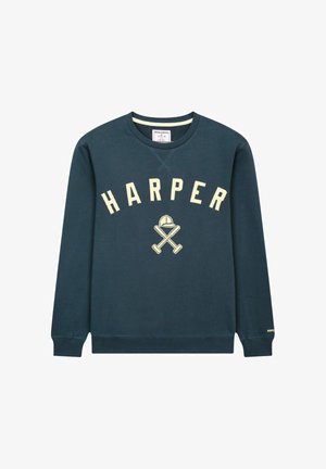 Sudadera azul marino con cuello redondo con el texto "HARPER" y un diseño de bates de béisbol cruzados bajo una gorra en beige en el frente.