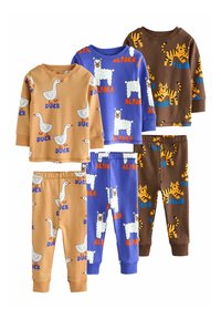 Ensemble de pyjamas pour enfants en tissu coton. Comprend quatre pièces avec des motifs d'animaux : canards, alpagas et tigres dans des couleurs variées.