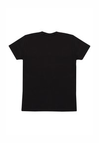 Sort bomulds T-shirt, korte ærmer, rund hals, glat tekstur, ingen grafiske elementer, ensfarvet rygdesign.
