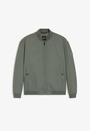 Blouson aviateur vert olive clair avec fermeture éclair frontale, deux poches à rabat à boutons-pression, col, poignets et ourlet en maille côtelée, et un petit écusson logo sur la manche gauche.