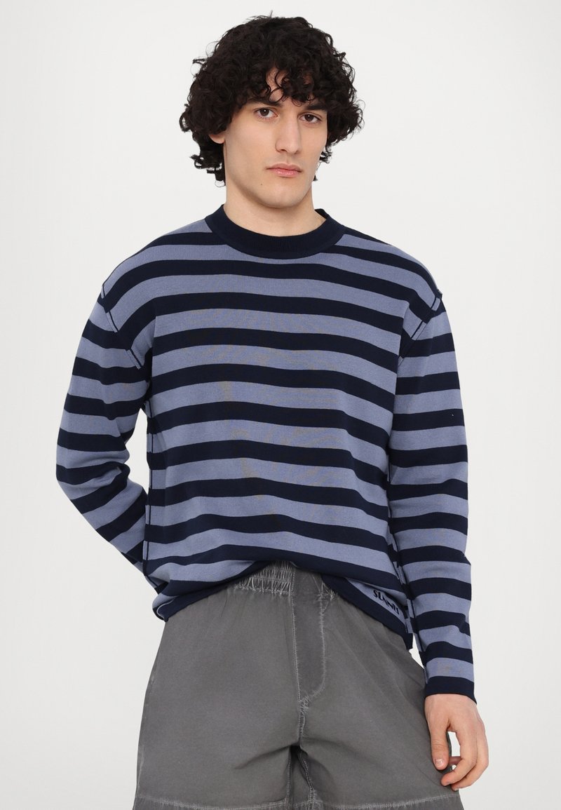 Striped long-sleeve sweater in navy and light blue. Ribbed neckline and relaxed fit, made from soft fabric. Gray shorts visible below.