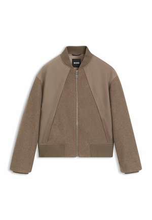 Brown bomber jacket featuring a mix of textured wool and smooth fabric, ribbed cuffs and hem, and a front zipper closure.