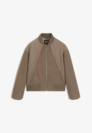 Brown bomber jacket featuring a mix of textured wool and smooth fabric, ribbed cuffs and hem, and a front zipper closure.