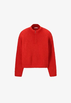 Heldere rode, fuzzy trui met lange mouwen en een korte rits aan de voorkant, voorzien van een ronde trekhaak.