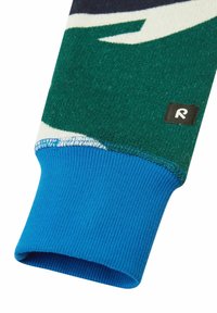 Rękaw dzianego swetra z teksturowanym zielonym korpusem, niebieskim ściągaczem i czarną metką z logo. Zawiera abstrakcyjne wzory w białym i granatowym.