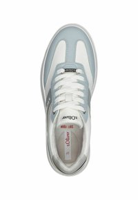 Light blue and white sneaker with leather upper, padded collar, and lace-up design. Features gray accents and "Soft Foam" cushioning.