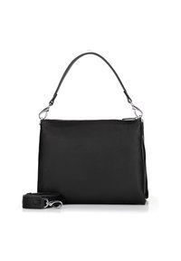 Borsa a tracolla nera in pelle con forma rettangolare, chiusura con zip e tracolla removibile. Presenta una texture liscia e dettagli in metallo argentato.