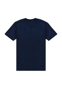 Granatowy t-shirt z krótkim rękawem wykonany z bawełny, posiada klasyczny okrągły dekolt oraz gładką fakturę bez widocznego logo czy wzoru.